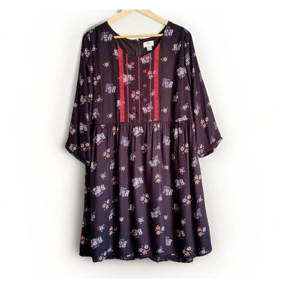 Old Navy Womens Black Floral Babydoll Dress XL Embroidered Cottagecore